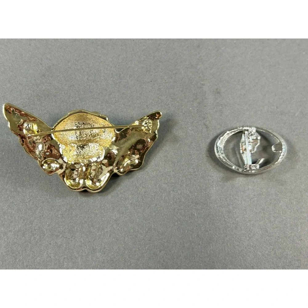 Vintage Angel Cherub Brooch Gold Tone & Virgin Mary Pin Silver Tone Pearl Set